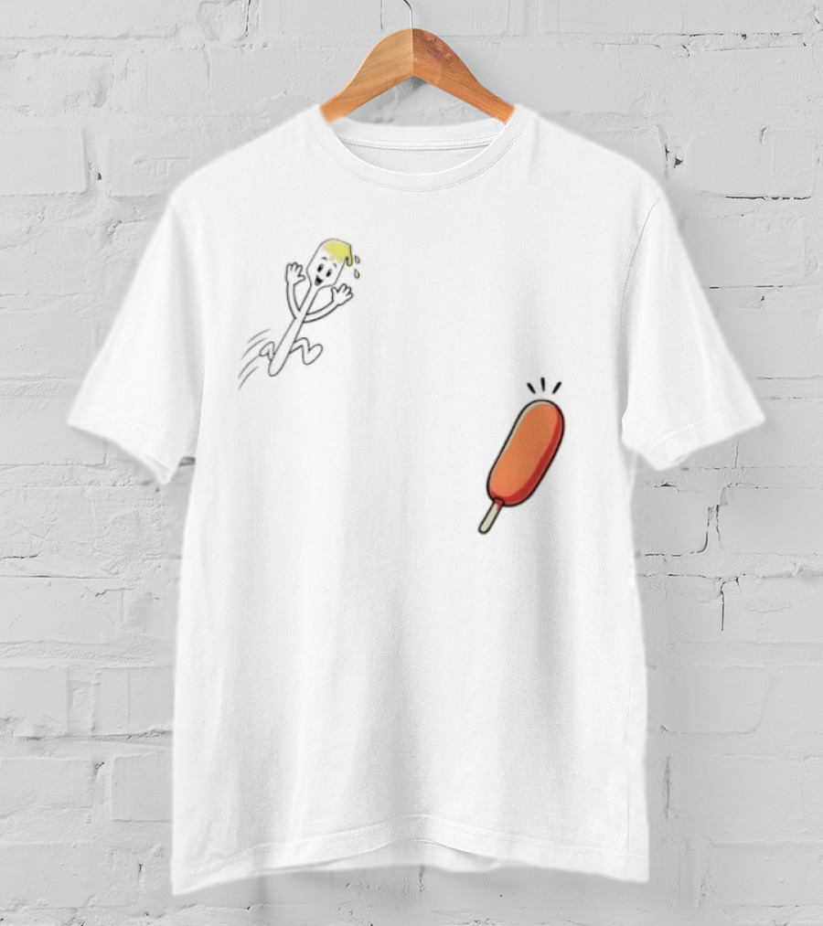 Spork Vs Corn Dog Humorous Food Chase Cartoon T-Shirt