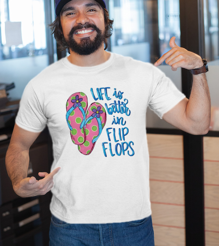 Life Is Better In Flip Flops With Pink Polka Dot And Blue Flower Sandals T-Shirt