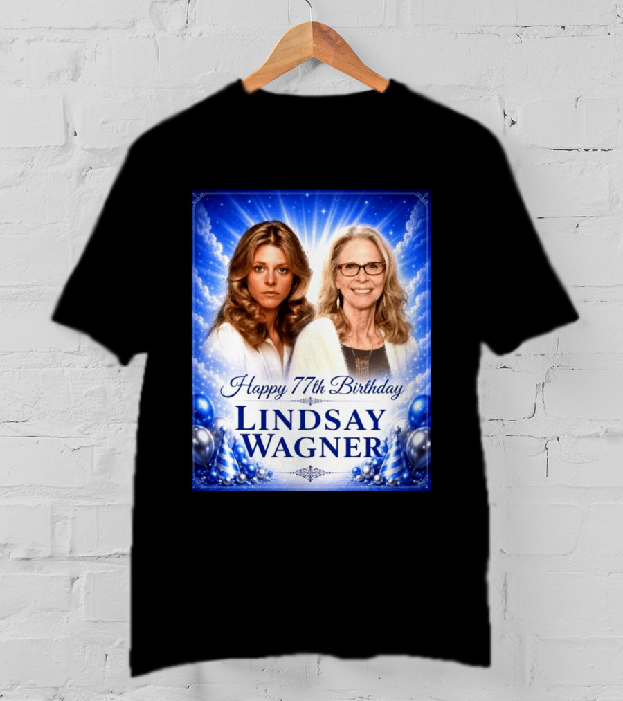Happy 77th Birthday Celebration Lindsay Wagner Blue Party Balloons T-Shirt