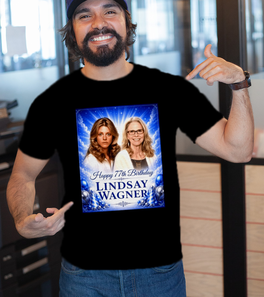 Happy 77th Birthday Celebration Lindsay Wagner Blue Party Balloons T-Shirt