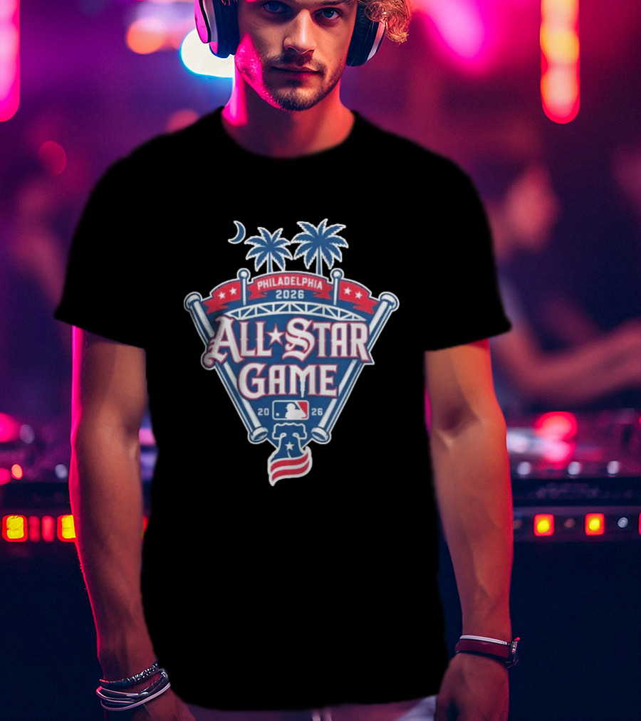 MLB All Star Game Philadelphia 2026 Palm Trees Baseball Bat Logo Night Skyline T-Shirt