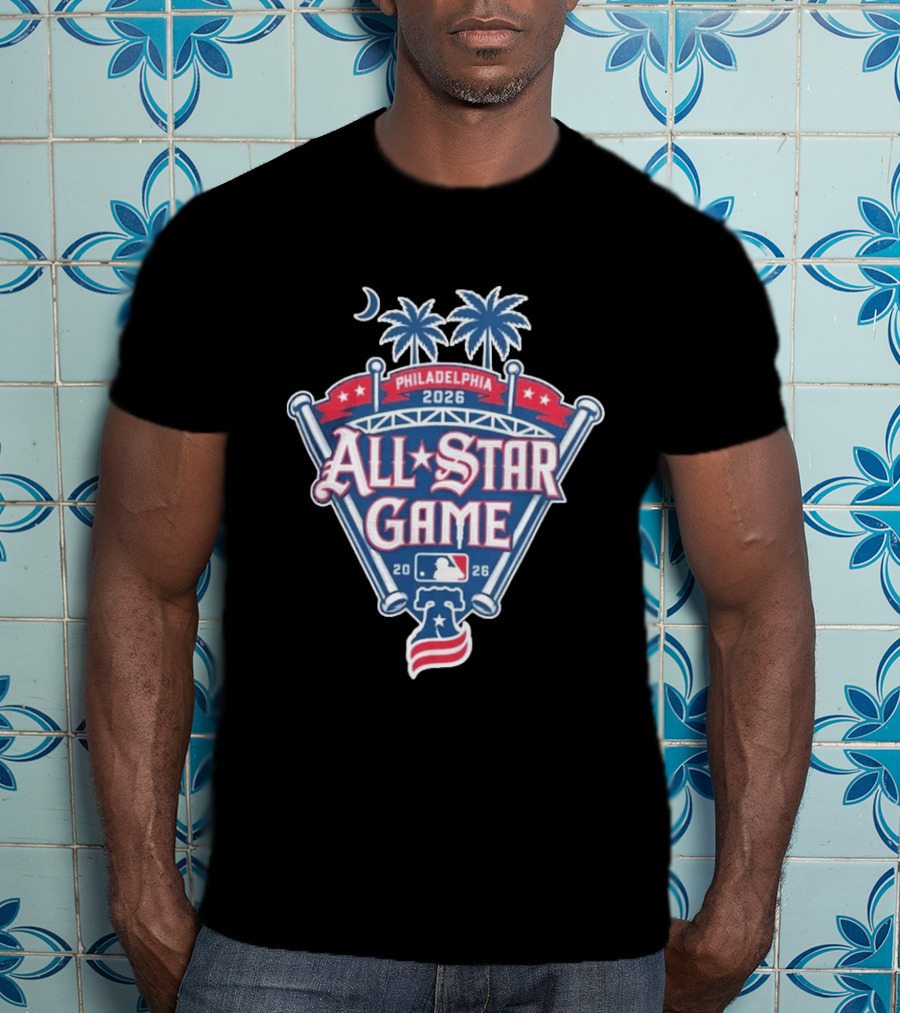 MLB All Star Game Philadelphia 2026 Palm Trees Baseball Bat Logo Night Skyline T-Shirt