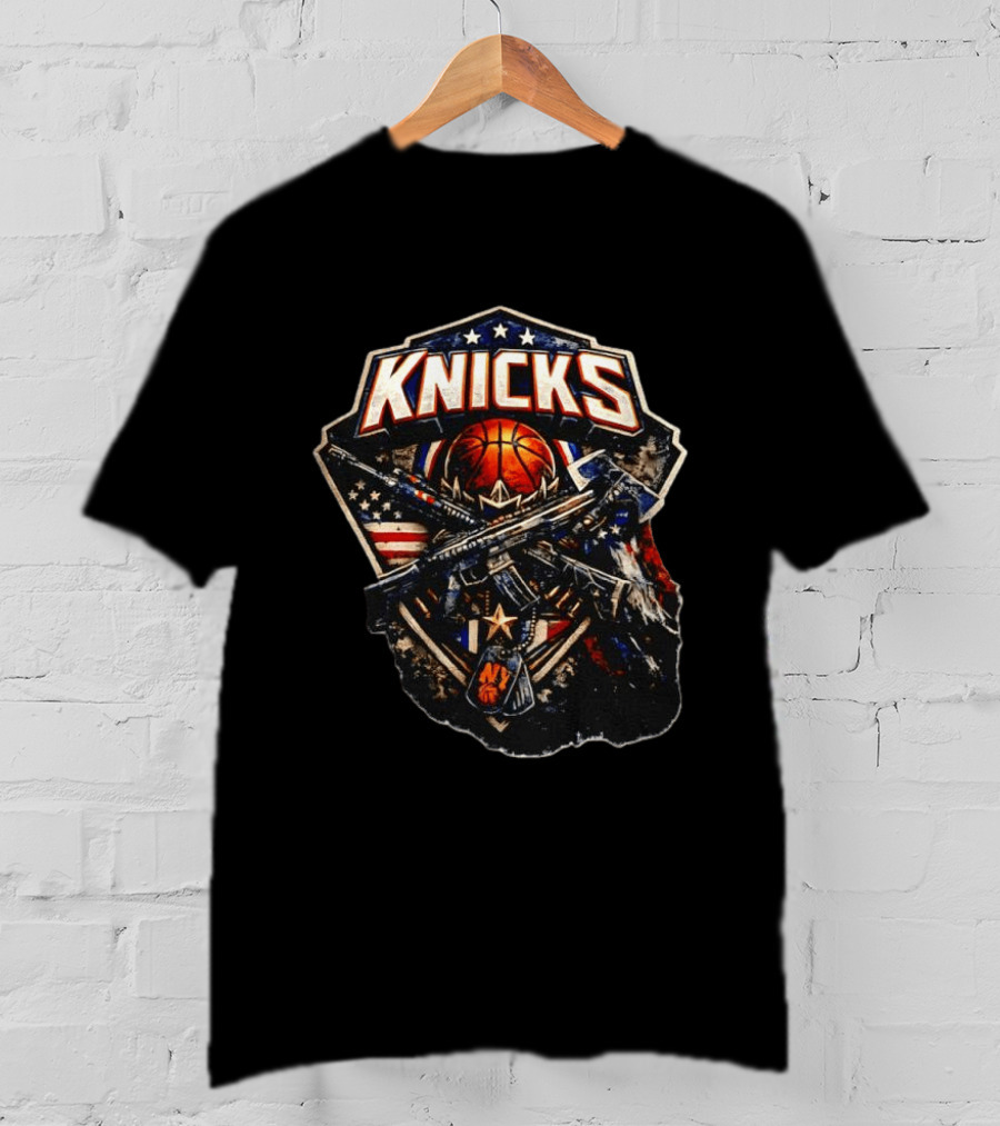 Knicks Basketball NBA Military Rifle Axe USA Flag Dog Tags T-Shirt