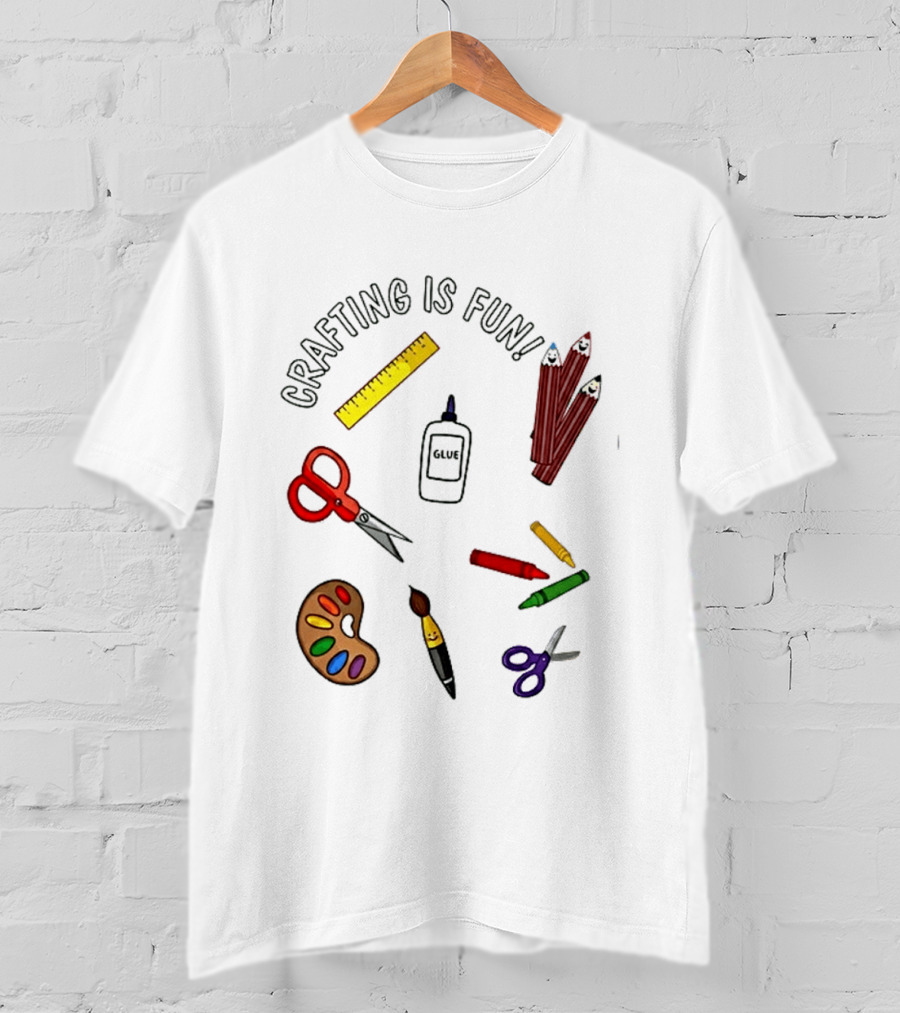 Crafting Is Fun Supplies Scissors Glue Paintbrush Crayons Palette Ruler T-Shirt