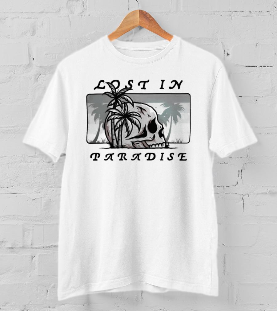 Lost In Paradise Palm Tree Skull And Beach Scene T-Shirt