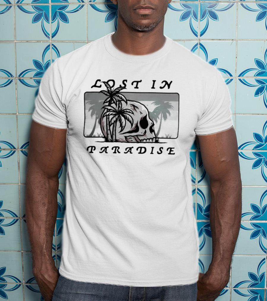 Lost In Paradise Palm Tree Skull And Beach Scene T-Shirt