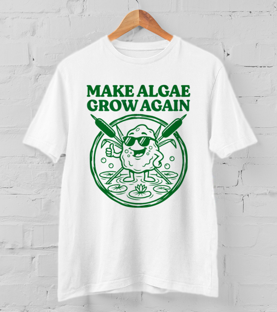 MAKE ALGAE GROW AGAIN Cartoon Thumbs Up With Sunglasses And Cattails Circular Frame T-Shirt