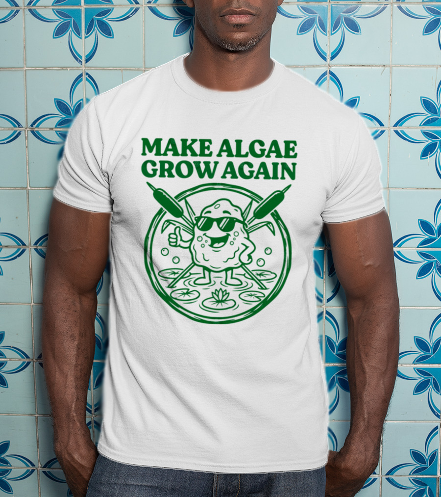 MAKE ALGAE GROW AGAIN Cartoon Thumbs Up With Sunglasses And Cattails Circular Frame T-Shirt