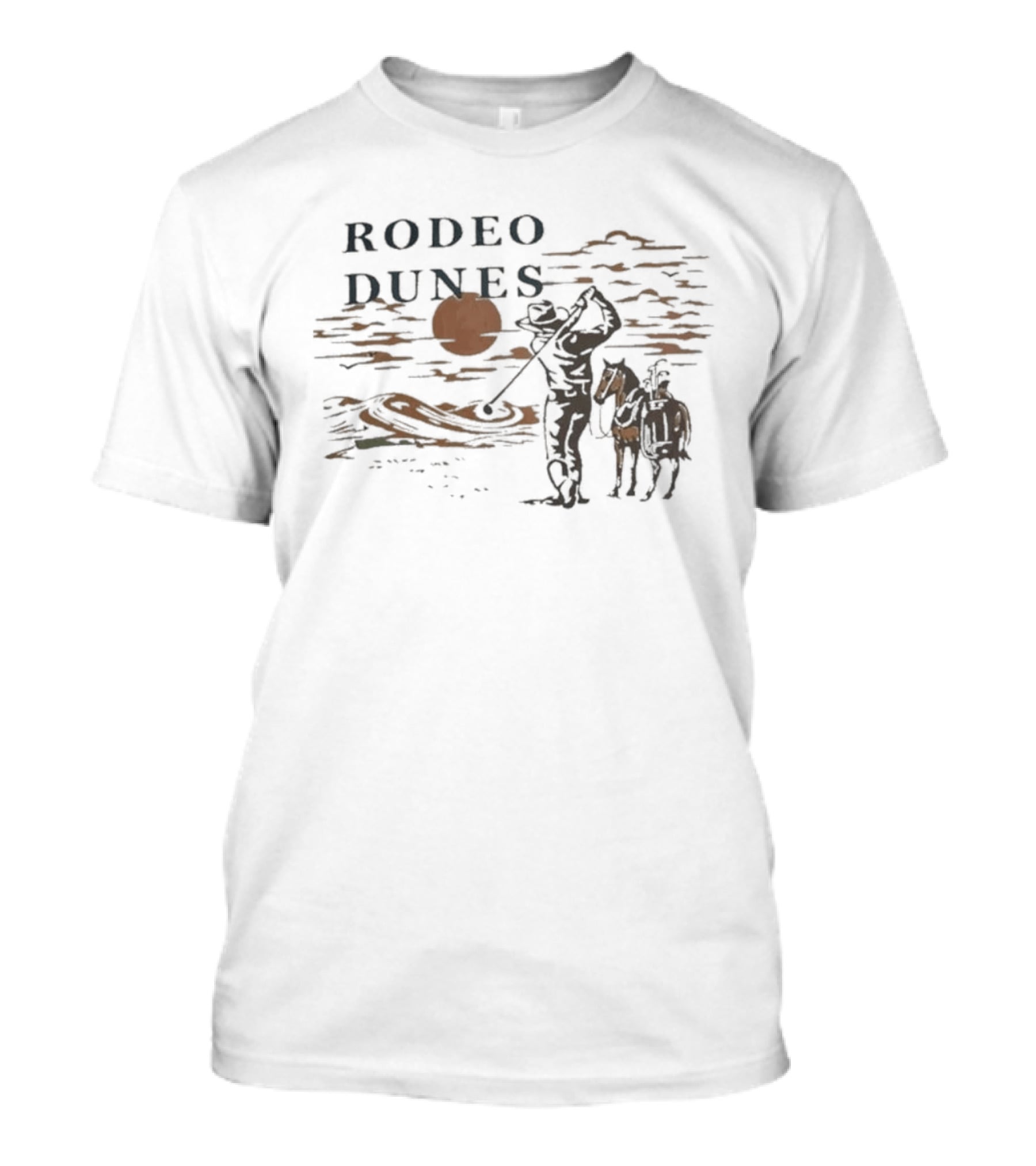 Rodeo Dunes Golf Cowboy With Horse Under Sunset Clouds T-Shirt