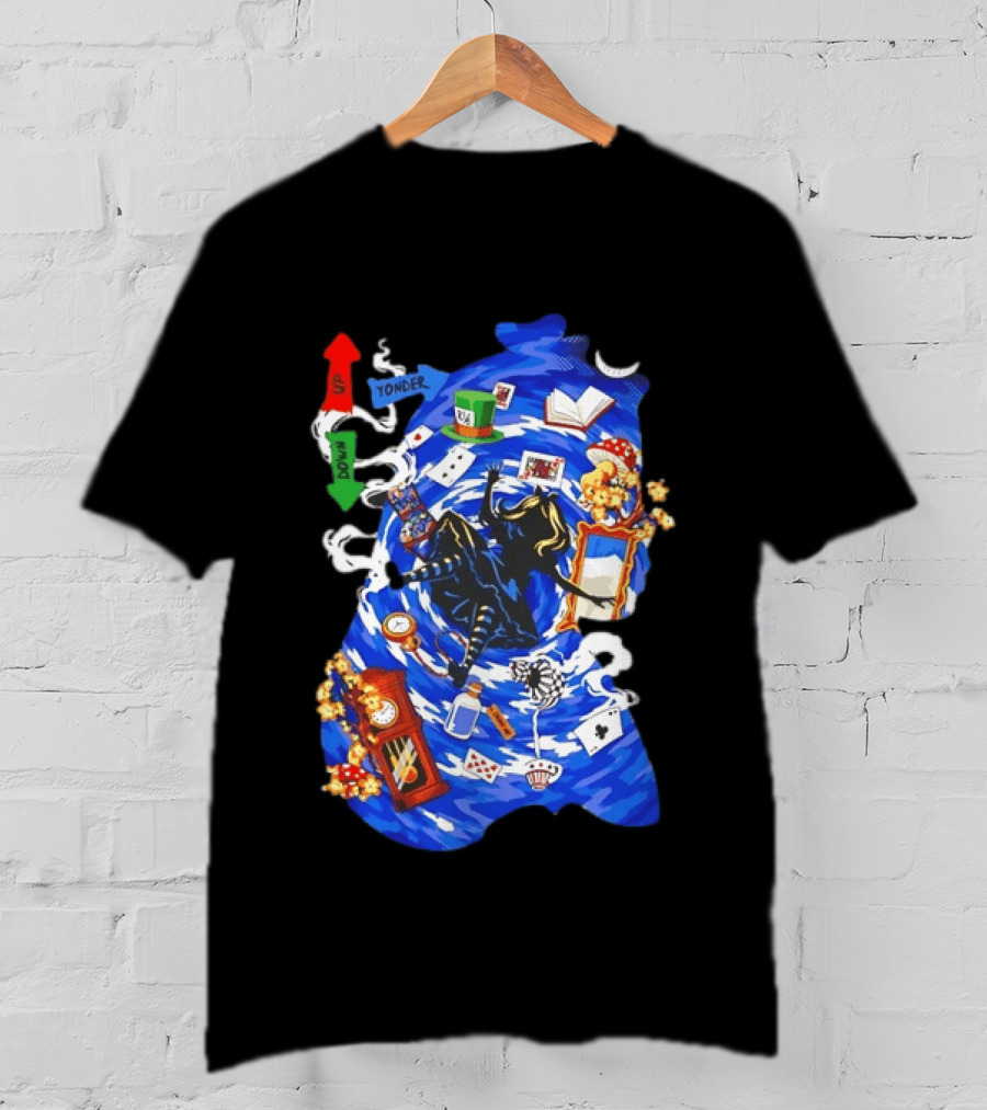 Alice In Wonderland Through The Rabbit Hole Down Yonder With Wonderland Icons And Vortex T-Shirt