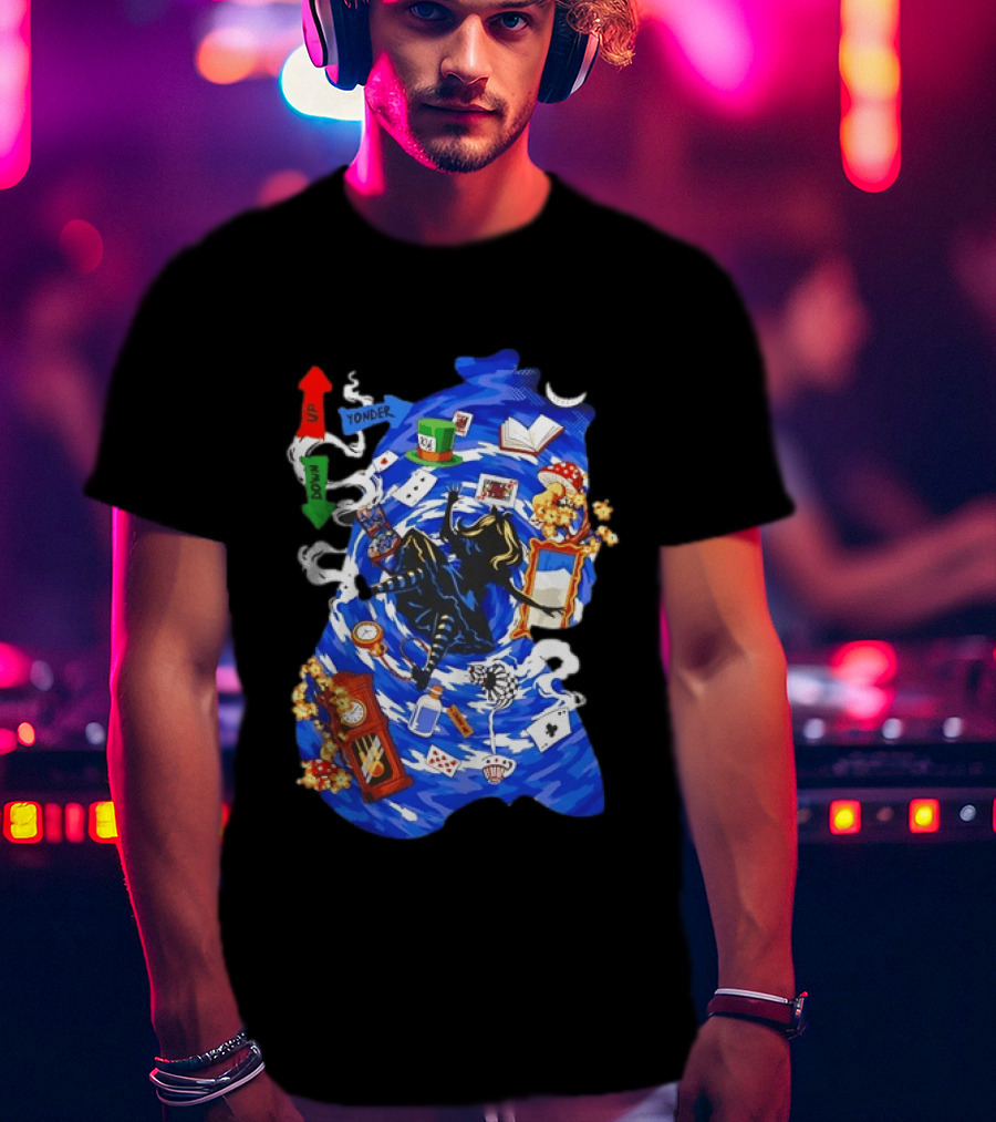 Alice In Wonderland Through The Rabbit Hole Down Yonder With Wonderland Icons And Vortex T-Shirt