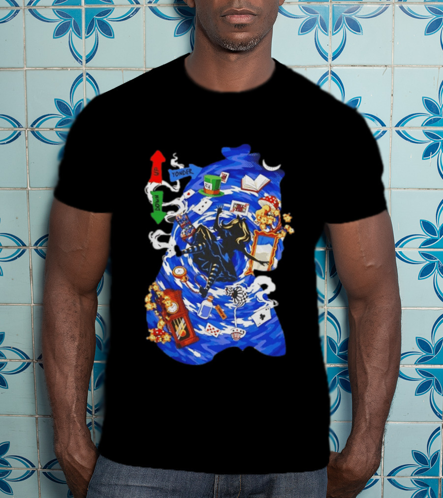 Alice In Wonderland Through The Rabbit Hole Down Yonder With Wonderland Icons And Vortex T-Shirt