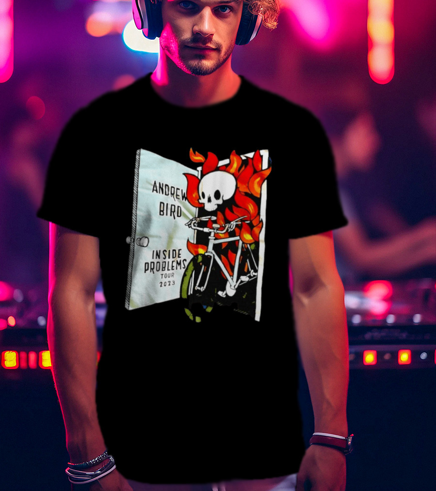 Andrew Bird Inside Problems Tour 2023 Flaming Skeleton On Bicycle T-Shirt