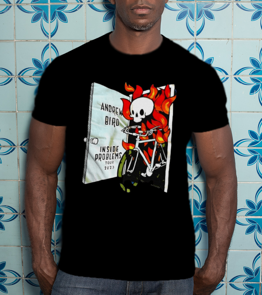 Andrew Bird Inside Problems Tour 2023 Flaming Skeleton On Bicycle T-Shirt