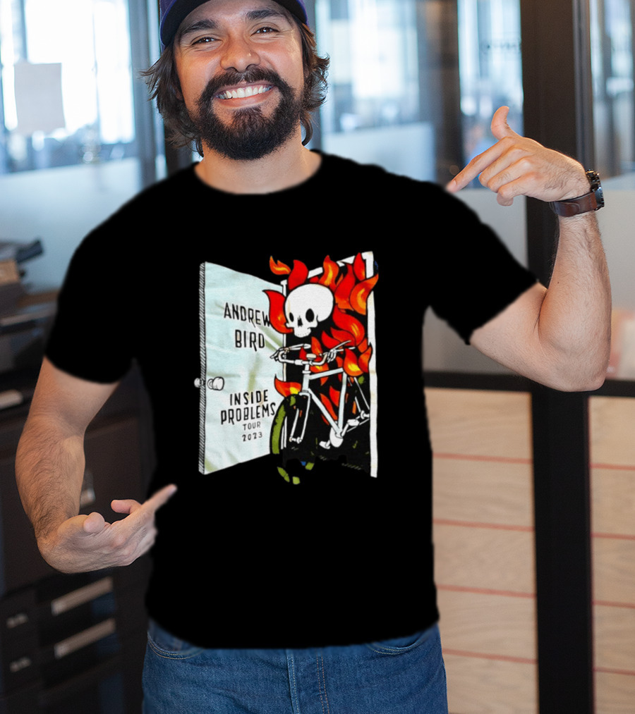 Andrew Bird Inside Problems Tour 2023 Flaming Skeleton On Bicycle T-Shirt