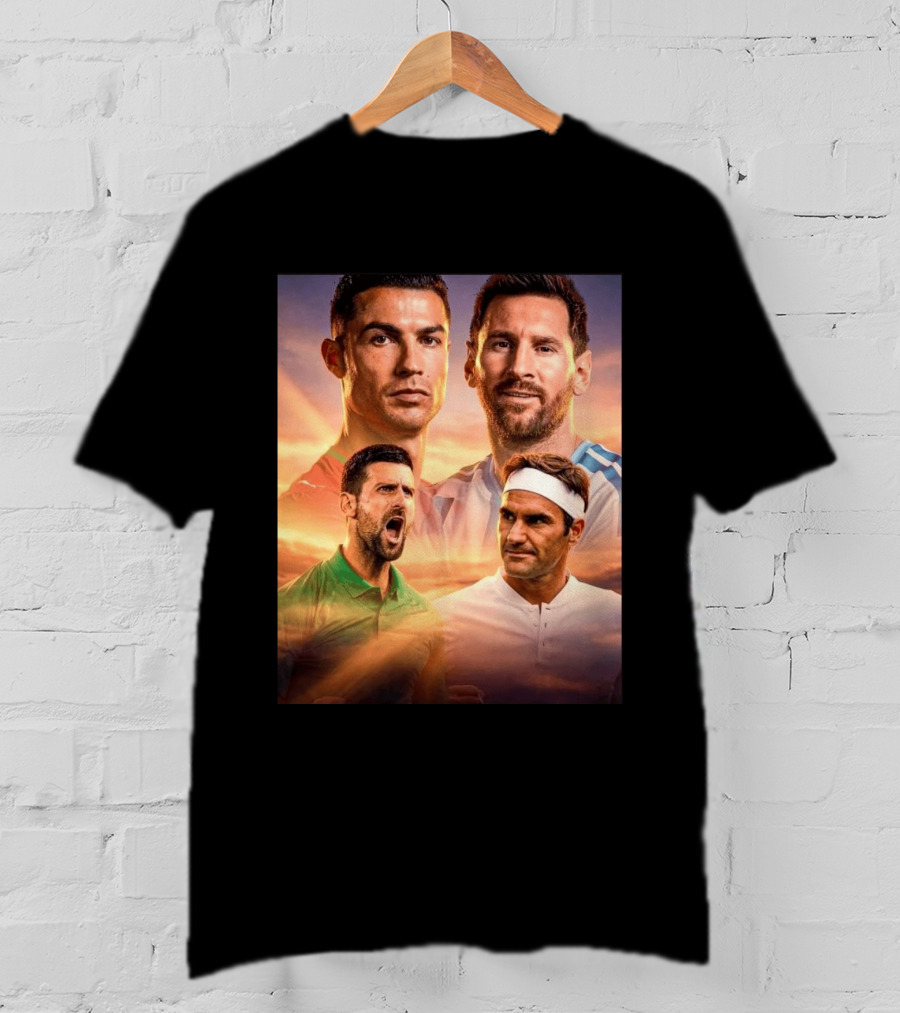 Cristiano Ronaldo Lionel Messi Novak Djokovic Roger Federer GOAT Sports Legends Celebrating Iconic Athletes T-Shirt