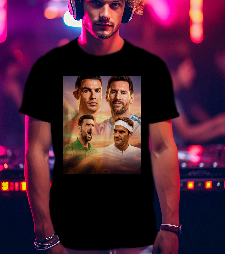 Cristiano Ronaldo Lionel Messi Novak Djokovic Roger Federer GOAT Sports Legends Celebrating Iconic Athletes T-Shirt