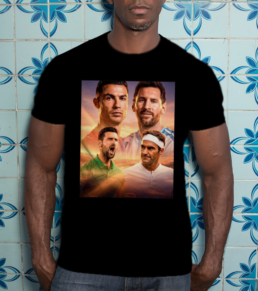 Cristiano Ronaldo Lionel Messi Novak Djokovic Roger Federer GOAT Sports Legends Celebrating Iconic Athletes T-Shirt