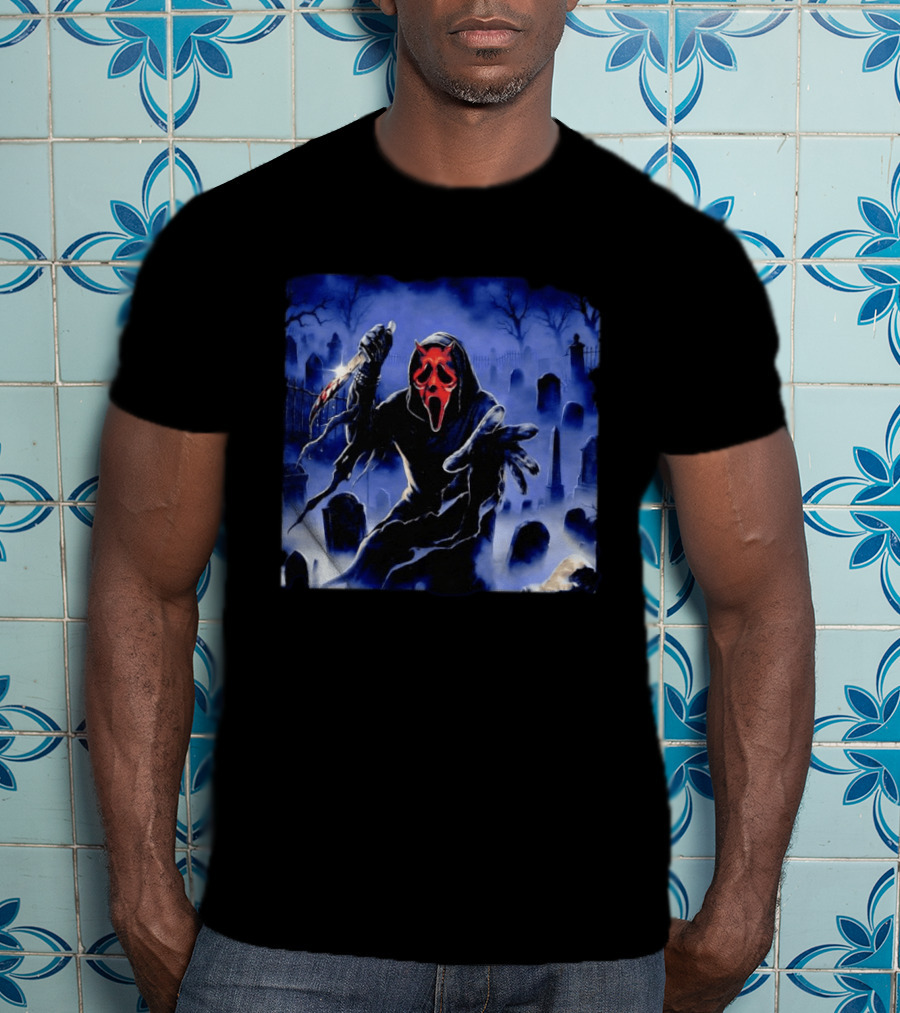 Ghostface Scream Devil Mask With Knife In Cemetery T-Shirt