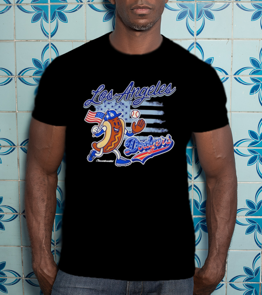 Los Angeles Dodgers Hot Dog Baseball American Flag Stars T-Shirt