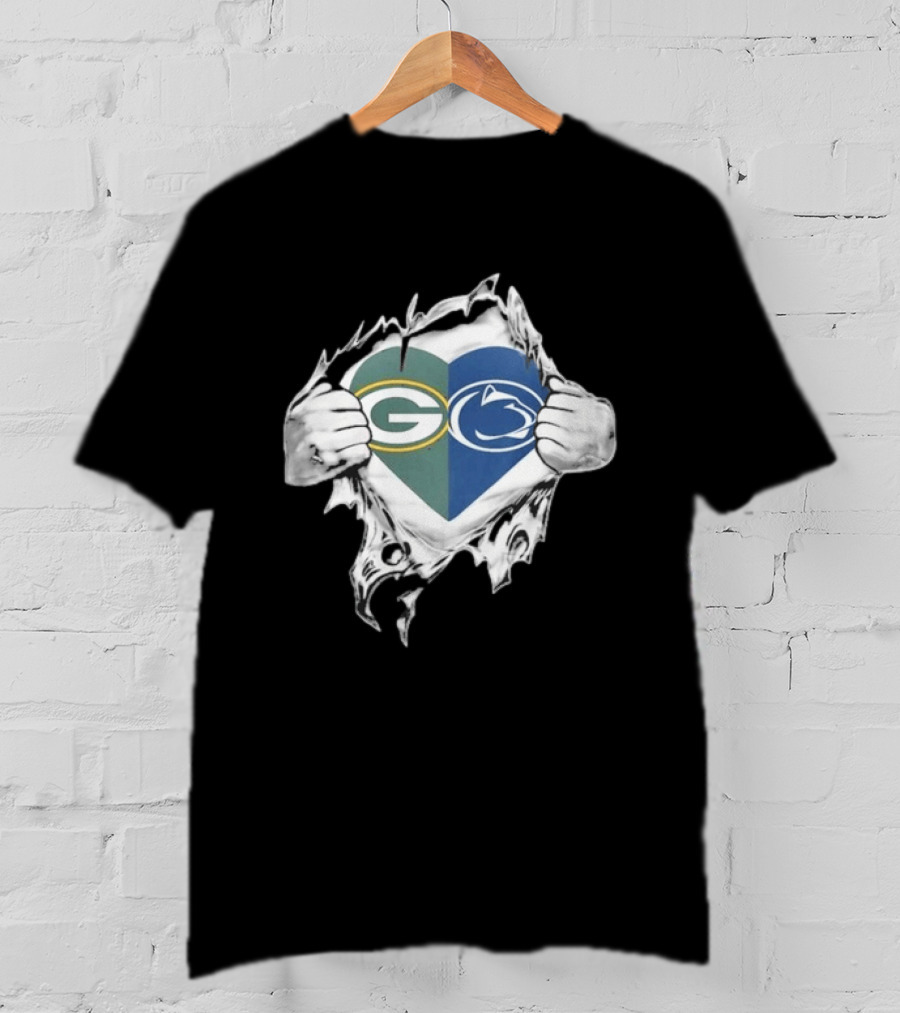 Packers Penn State Heart Icon Featuring Green Bay And Nittany Lions Logos T-Shirt