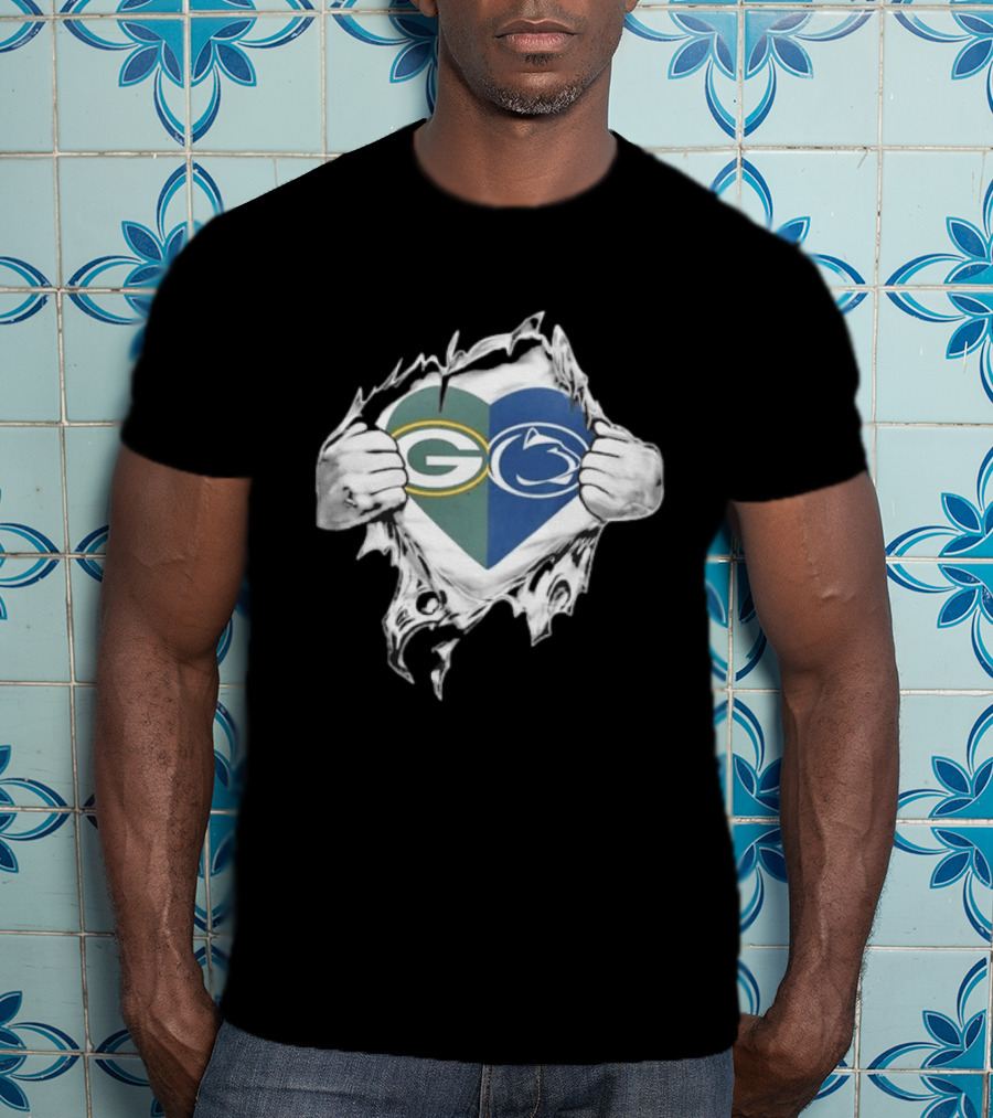 Packers Penn State Heart Icon Featuring Green Bay And Nittany Lions Logos T-Shirt