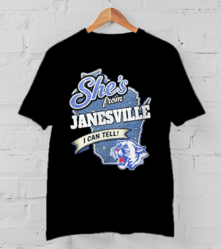 She's From Janesville I Can Tell With Wisconsin Map And Wildcat T-Shirt