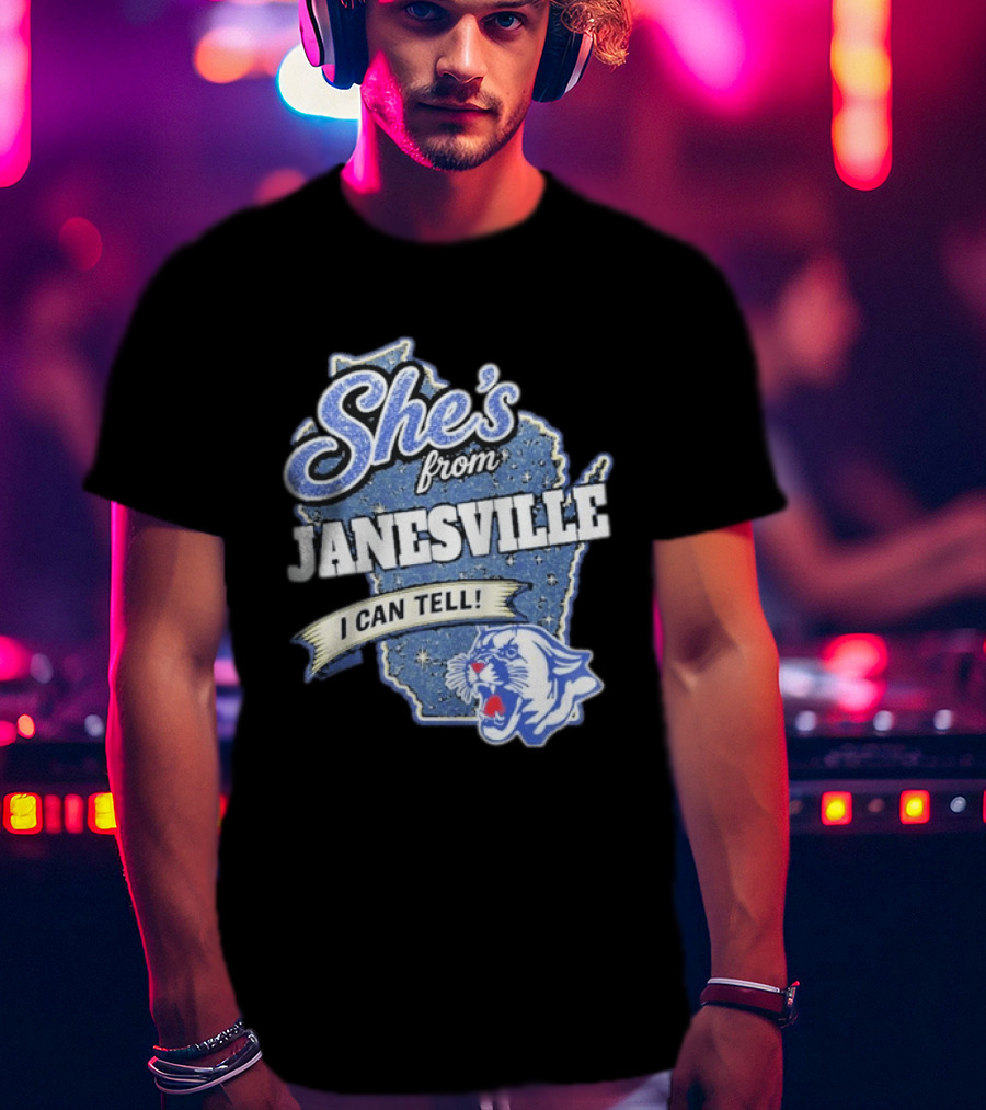 She's From Janesville I Can Tell With Wisconsin Map And Wildcat T-Shirt
