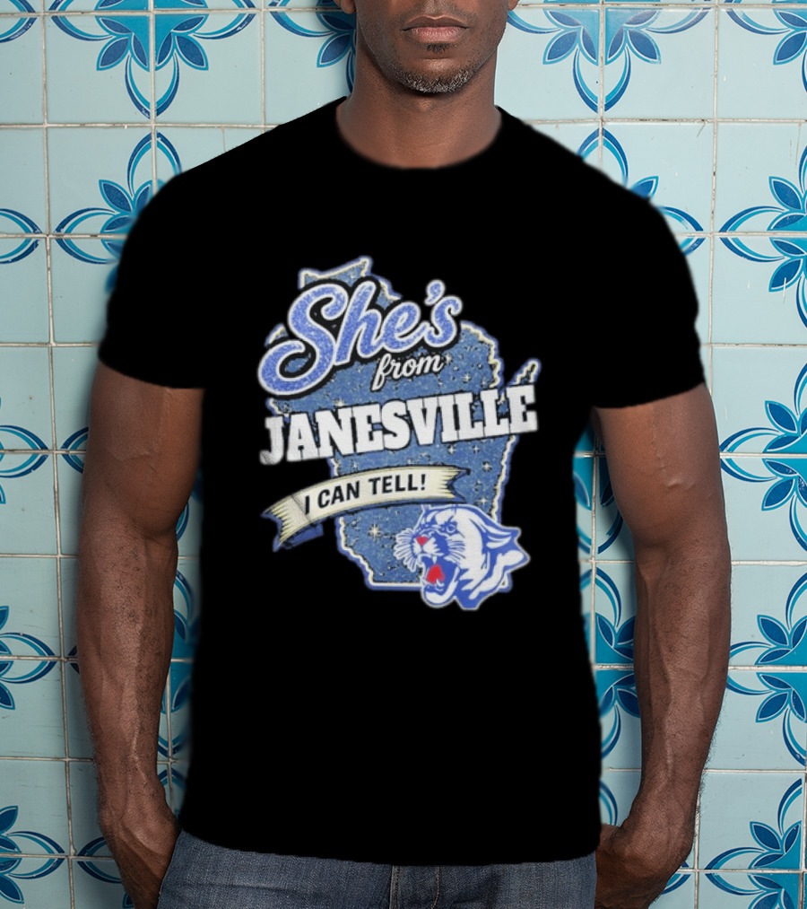 She's From Janesville I Can Tell With Wisconsin Map And Wildcat T-Shirt