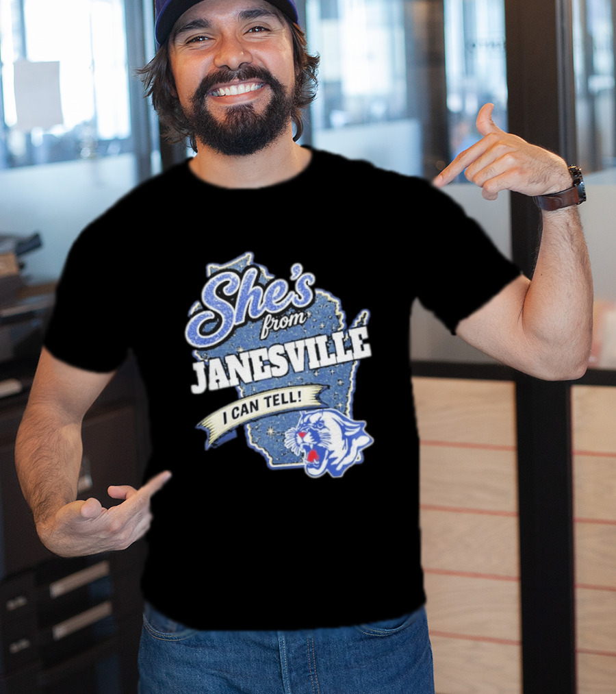 She's From Janesville I Can Tell With Wisconsin Map And Wildcat T-Shirt
