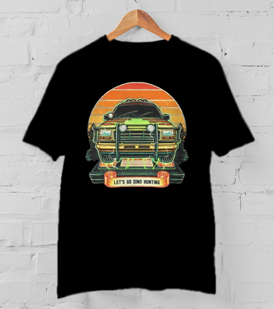 Jurassic Park Let's Go Dino Hunting Adventure Off Road Vehicle Sunset Scene T-Shirt