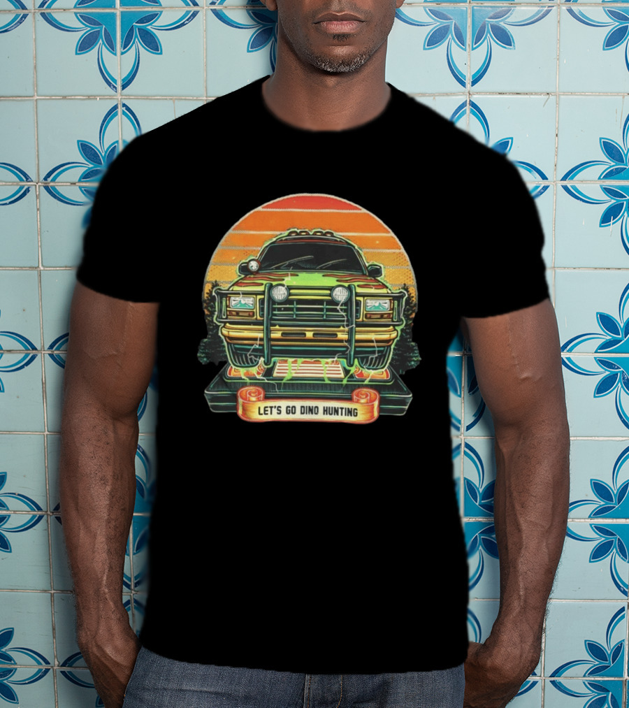 Jurassic Park Let's Go Dino Hunting Adventure Off Road Vehicle Sunset Scene T-Shirt