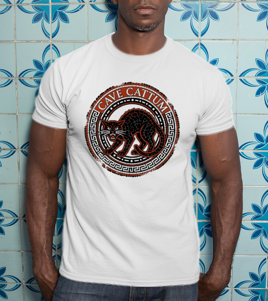 Cave Cattum Angry Cat Mosaic Roman Warning Sign T-Shirt