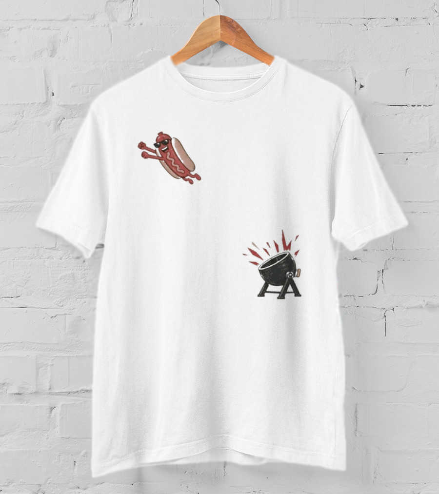 Hot Dog Jumping Into Grill Cartoon T-Shirt