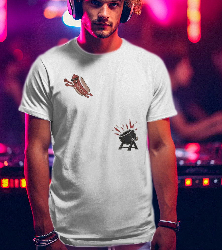 Hot Dog Jumping Into Grill Cartoon T-Shirt