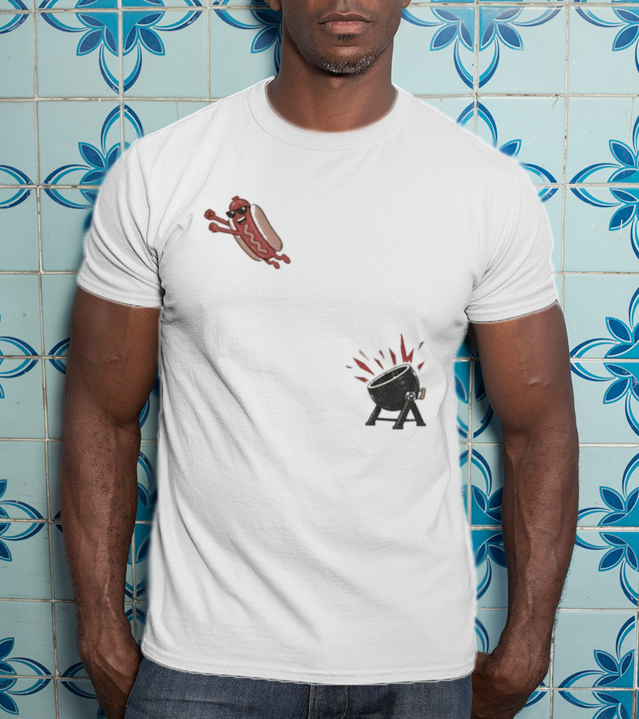 Hot Dog Jumping Into Grill Cartoon T-Shirt
