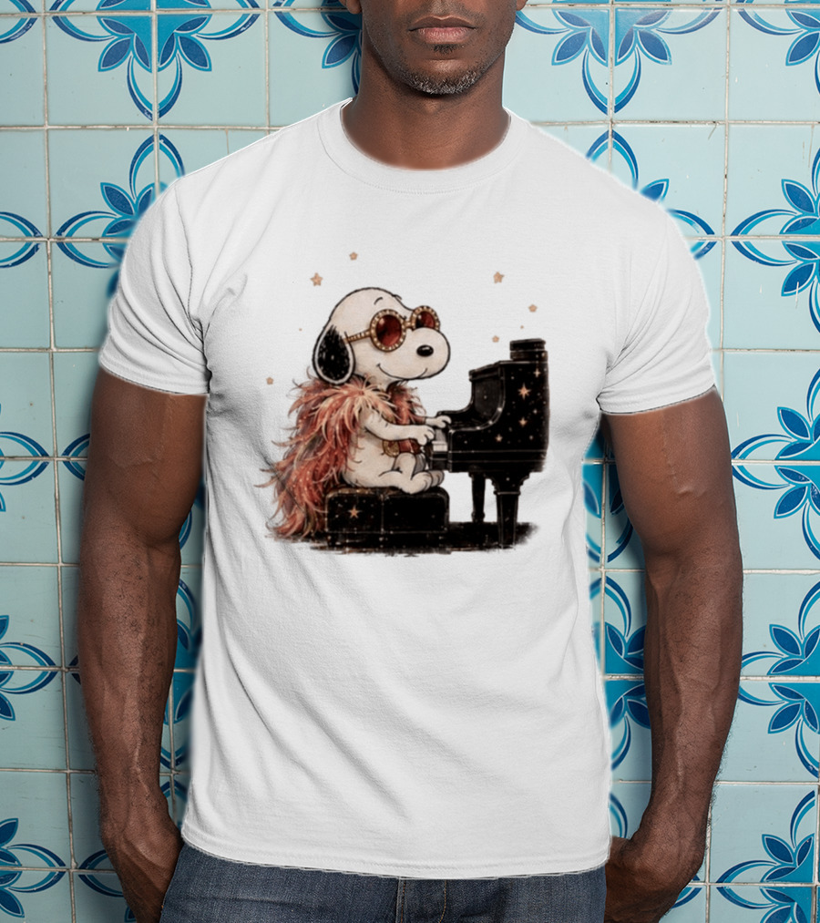 Snoopy Elton John Playing Piano Under Starry Nights T-Shirt