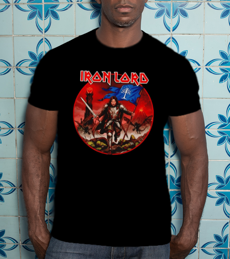 Lord Of The Rings Aragorn Iron Lord Middle Earth Battle With Flag And Sword T-Shirt