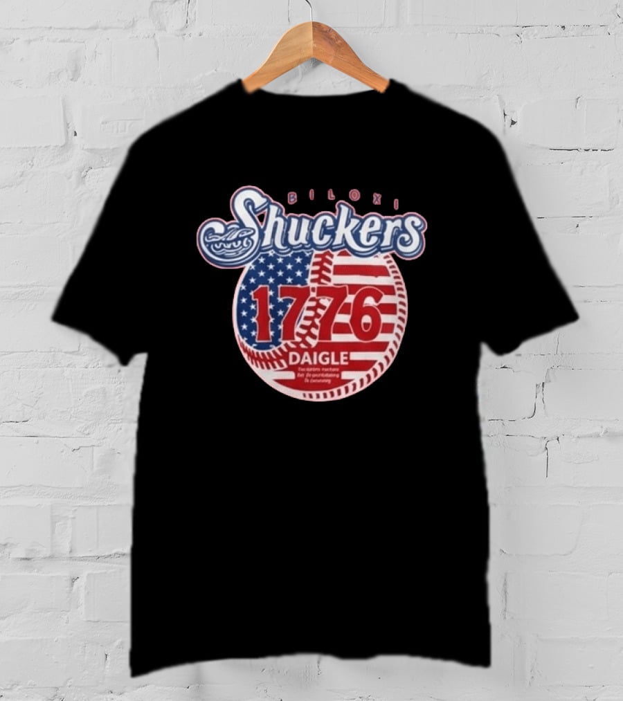 Biloxi Shuckers 1776 American Flag Baseball Daigle Text Stars Stripes T-Shirt
