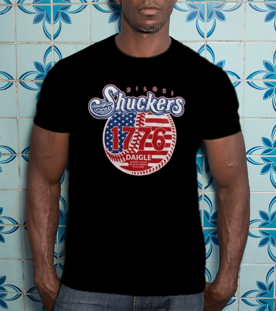 Biloxi Shuckers 1776 American Flag Baseball Daigle Text Stars Stripes T-Shirt