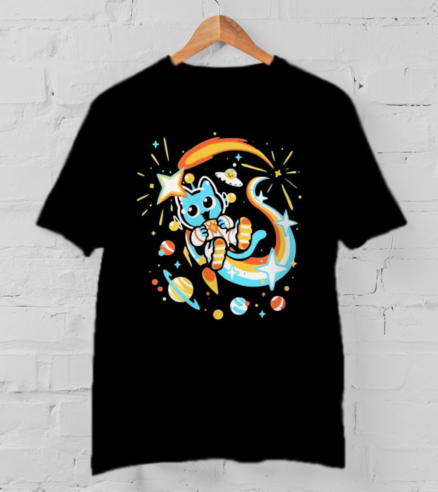 Cosmic Cat Cosmonaut Adventure In Stardust Space With Planets And Shooting Stars T-Shirt
