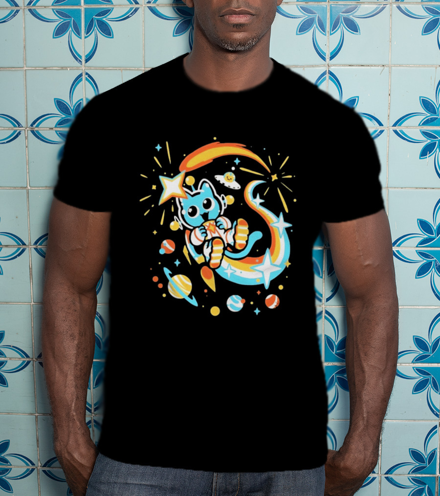 Cosmic Cat Cosmonaut Adventure In Stardust Space With Planets And Shooting Stars T-Shirt