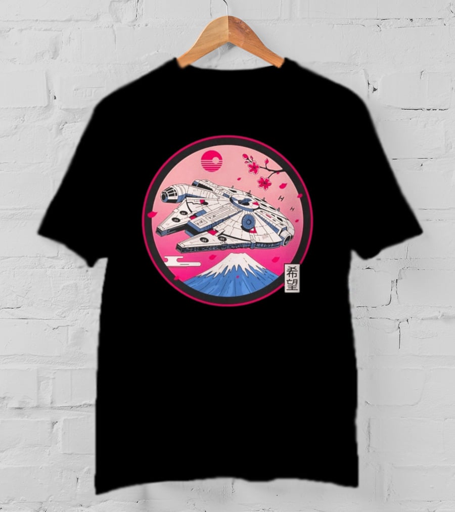 Millennium Falcon Over Fuji Cherry Blossoms Hope Kanji Circle T-Shirt
