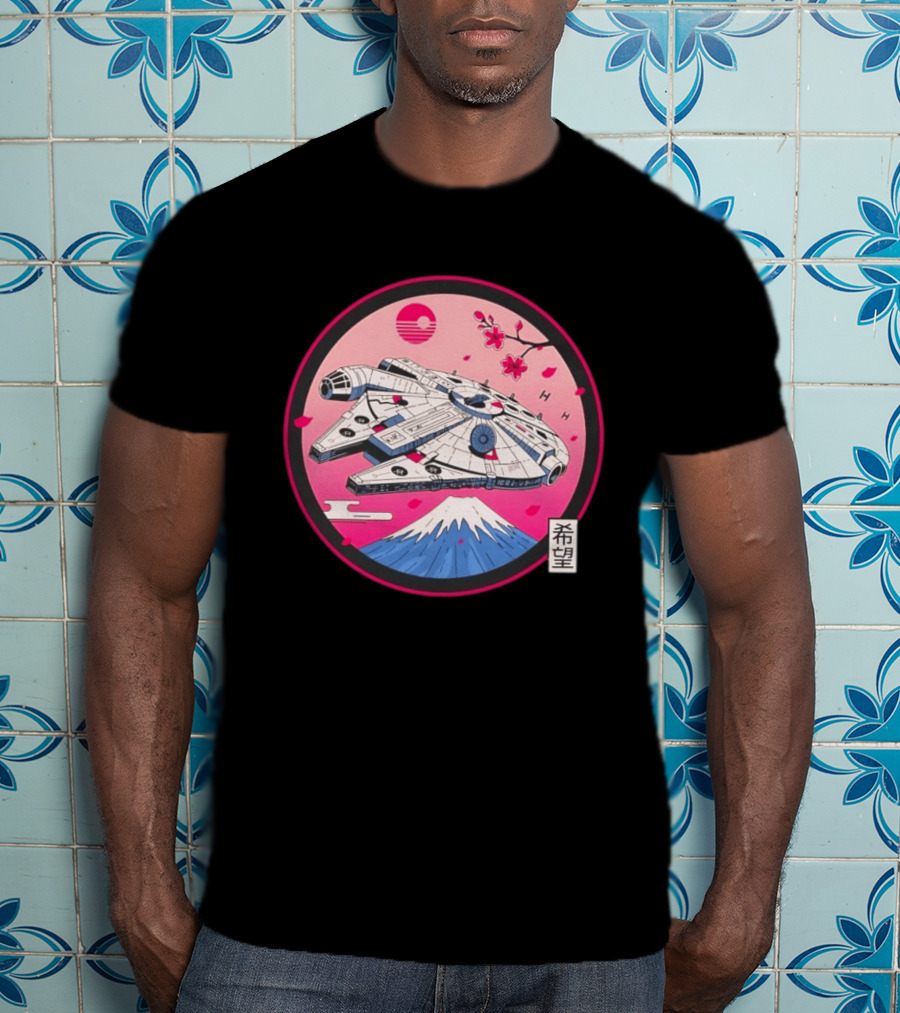 Millennium Falcon Over Fuji Cherry Blossoms Hope Kanji Circle T-Shirt