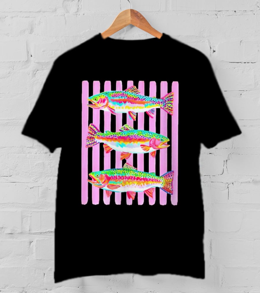 Rainbow Trout Fish Three Swimming Pink Vertical Striped T-Shirt
