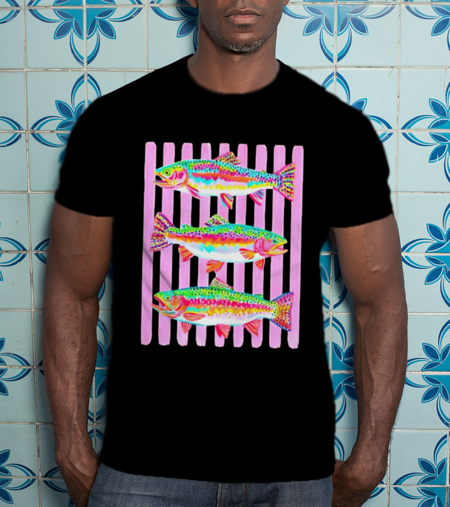 Rainbow Trout Fish Three Swimming Pink Vertical Striped T-Shirt