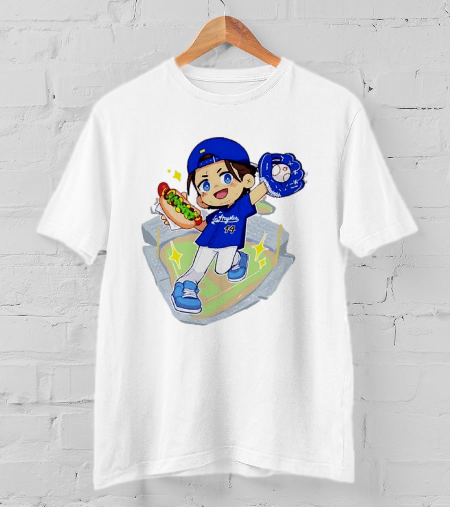 Enrique Hernandez Los Angeles Dodgers 14 Cartoon Style Baseball Glove And Hot Dog T-Shirt