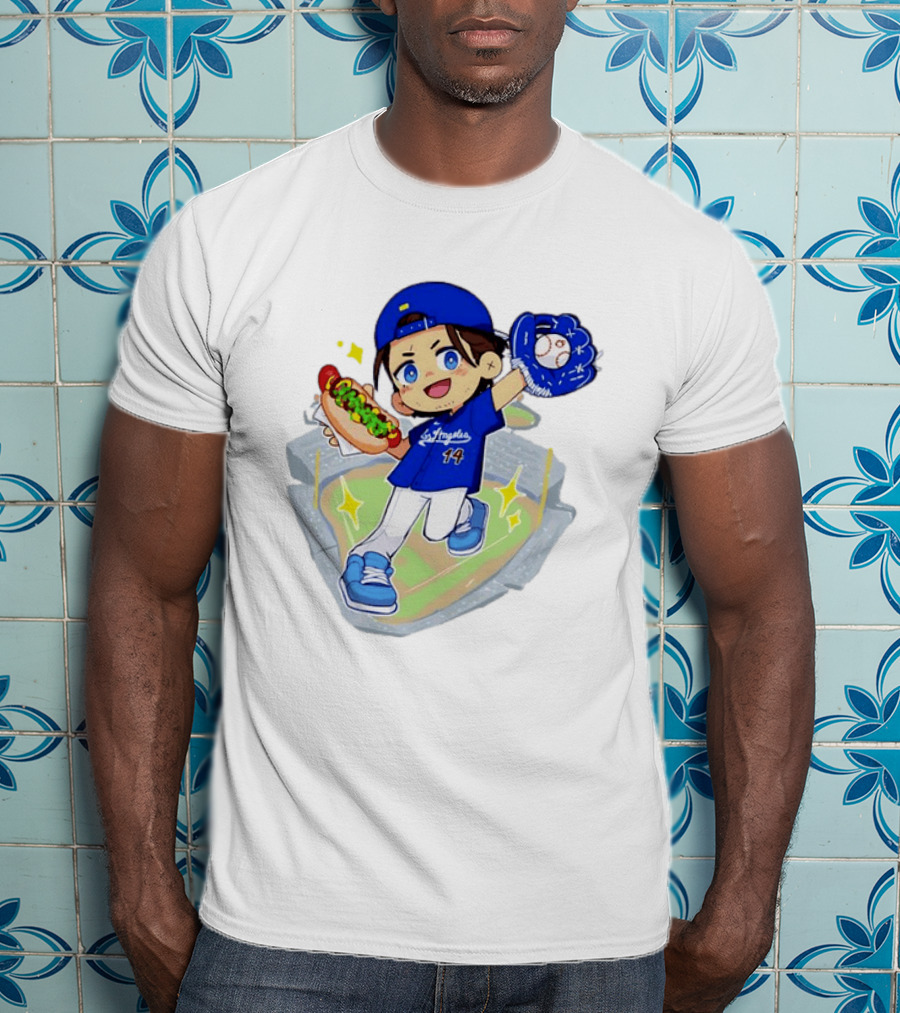 Enrique Hernandez Los Angeles Dodgers 14 Cartoon Style Baseball Glove And Hot Dog T-Shirt