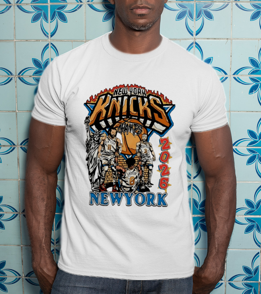New York Knicks 2026 Champs Jalen Brunson OG Anunoby Josh Hart Statue Of Liberty T-Shirt