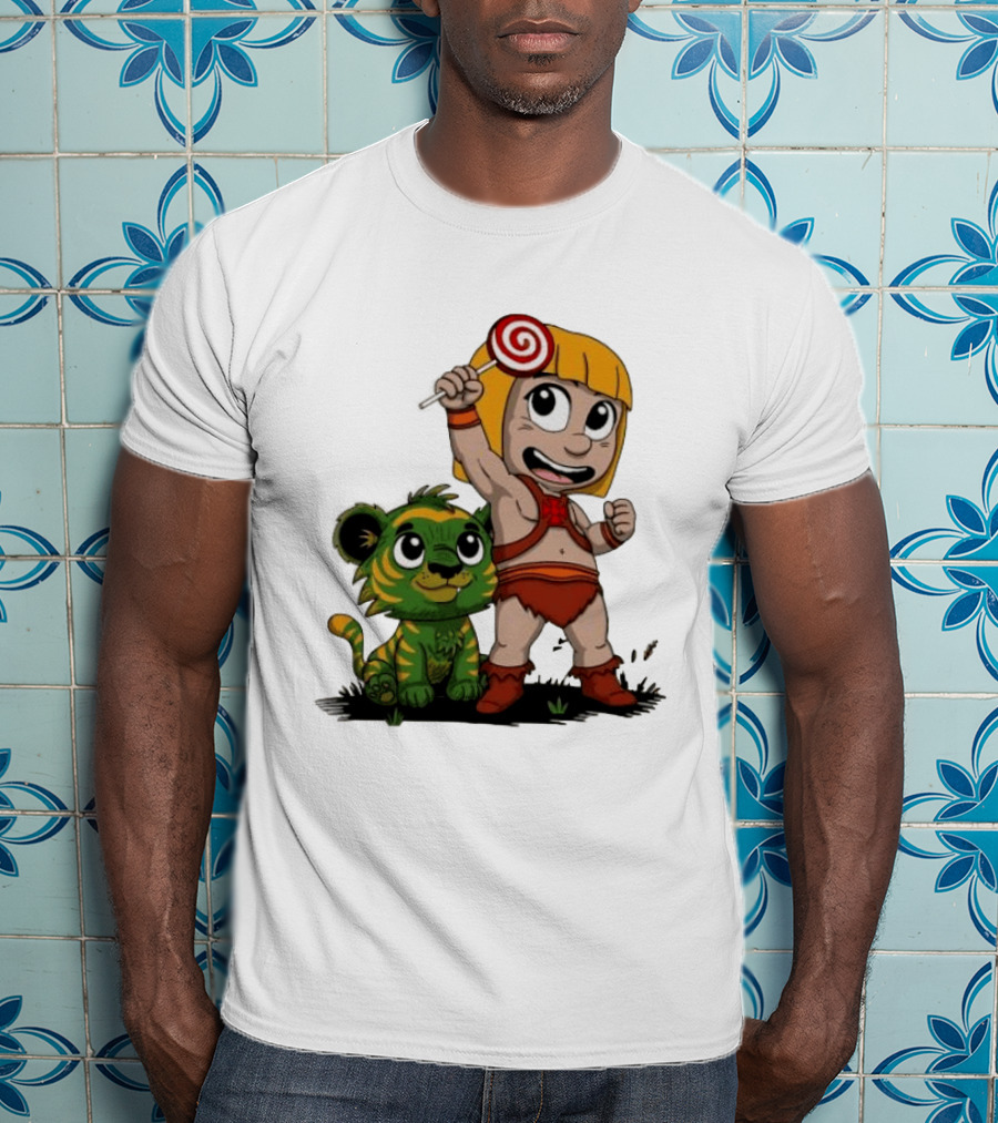Master Of Kindergarten He Man Chibi With Tiger And Lollipop T-Shirt